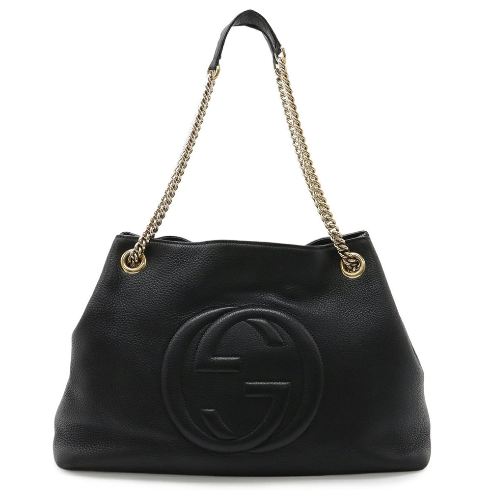 Gucci Soho Interlocking G Chain Bag Shoulder Tote Leather Black